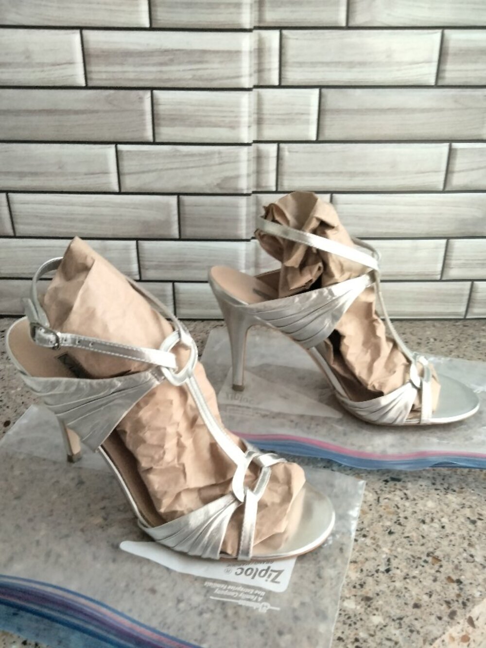 Silver Metallic T-Strap High Heel Sandals - Picture 7 of 13